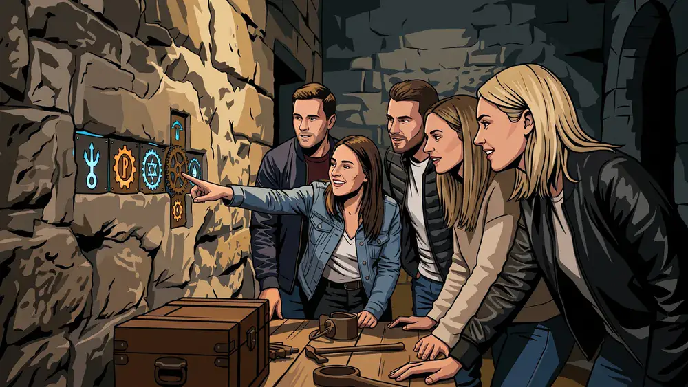 Escape Room in Köln - Erwachsene lösen gemeinsam Rätsel in einem thematisch gestalteten Raum
