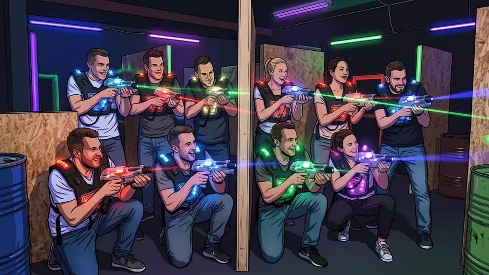 Lasertag in Köln - Erwachsene spielen in Teams in einer dunklen Neon-Arena