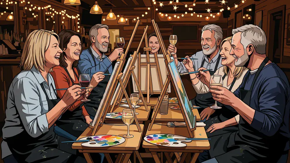 Painting Party in Köln - Erwachsene malen mit einem Glas Wein gemeinsam ein Acrylbild