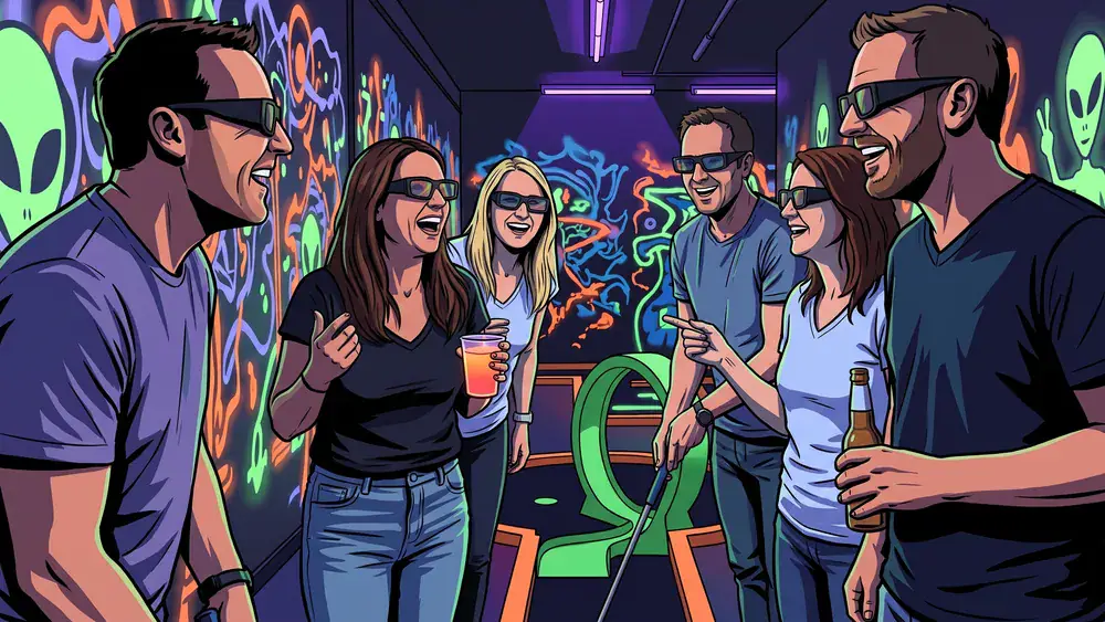 Schwarzlicht Minigolf in Köln - Erwachsene spielen mit 3D-Brille in leuchtenden Neonräumen