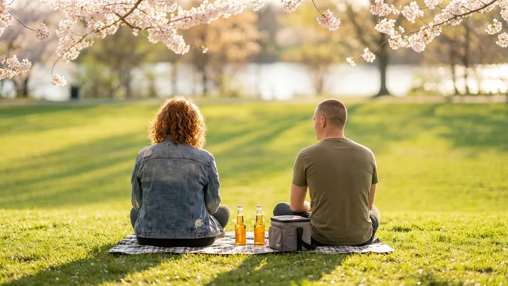 Aachener Weiher in Köln – Zwei Personen sitzen auf der Wiese am Weiher unter Kirschblüten