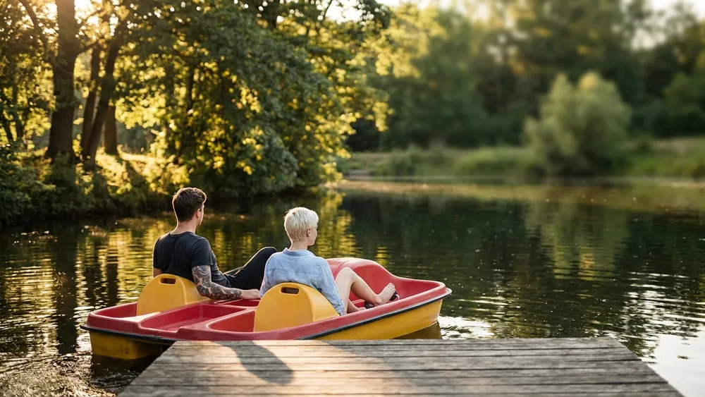 Bootsverleih Decksteiner Weiher – Zwei Personen paddeln auf einem Tretboot über den idyllischen Weiher