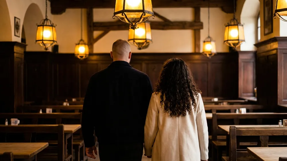 Brauhaus in Köln – Zwei Personen betreten ein traditionelles Brauhaus mit dunklem Holz und warmer Beleuchtung