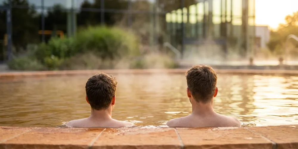 Claudius Therme in Köln – Zwei Personen entspannen im Thermalbecken mit Blick auf den Dom