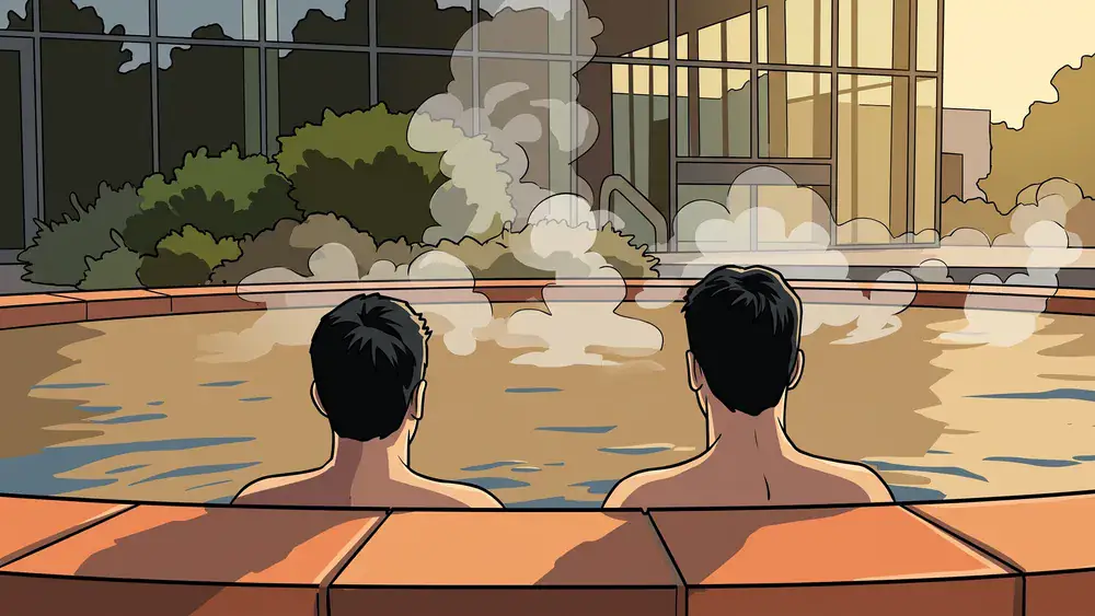 Claudius Therme in Köln – Zwei Personen entspannen im Thermalbecken mit Blick auf den Dom