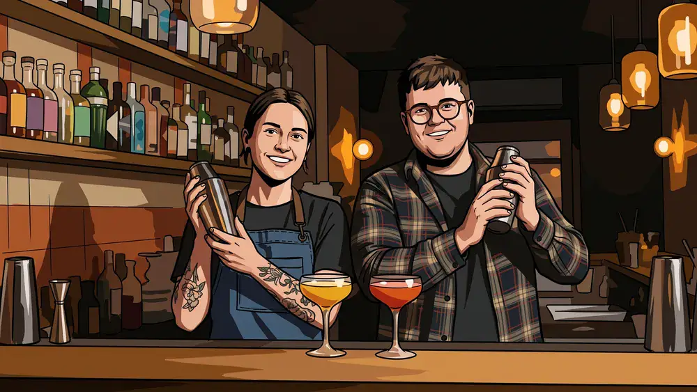 Cocktailkurs in Köln – Zwei Personen mixen Cocktails an einer Bar unter Anleitung