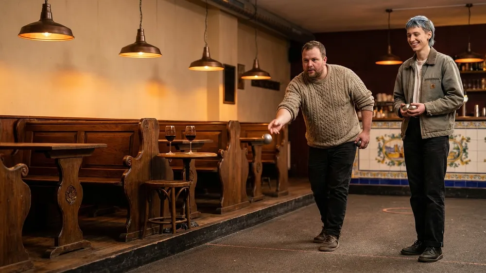 Indoor Boule in Köln – Zwei Personen spielen Pétanque in einem gemütlichen Bistro