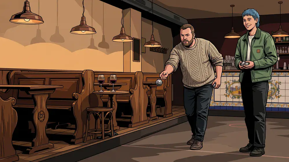 Indoor Boule in Köln – Zwei Personen spielen Pétanque in einem gemütlichen Bistro