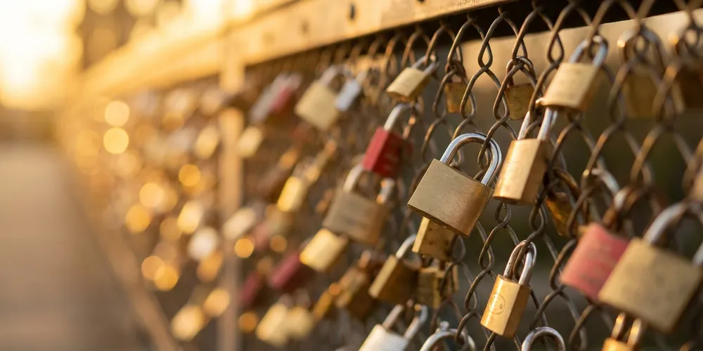 Hohenzollernbrücke in Köln – Zwei Personen spazieren bei Sonnenuntergang über die Brücke mit Liebesschlössern