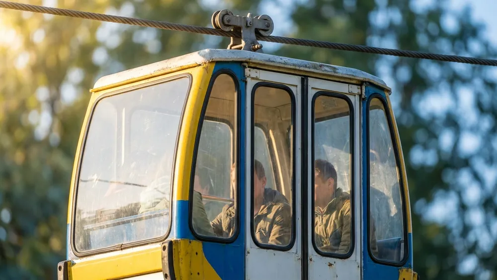 Kölner Seilbahn – Zwei Personen blicken aus der Gondel auf den Rhein und die Stadt
