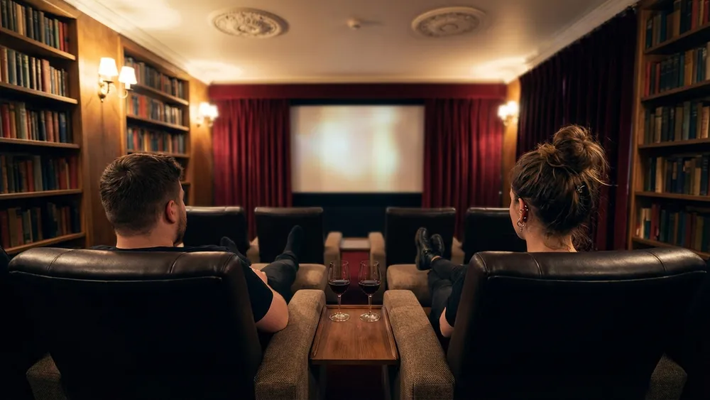 Residenz Kino in Köln – Zwei Personen in Ledersesseln in einem stilvollen Vintage-Kino