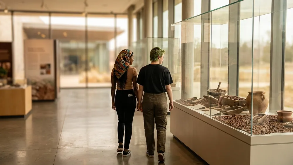 Schokoladenmuseum in Köln – Zwei Personen erkunden die Ausstellung im lichtdurchfluteten Museumsgebäude