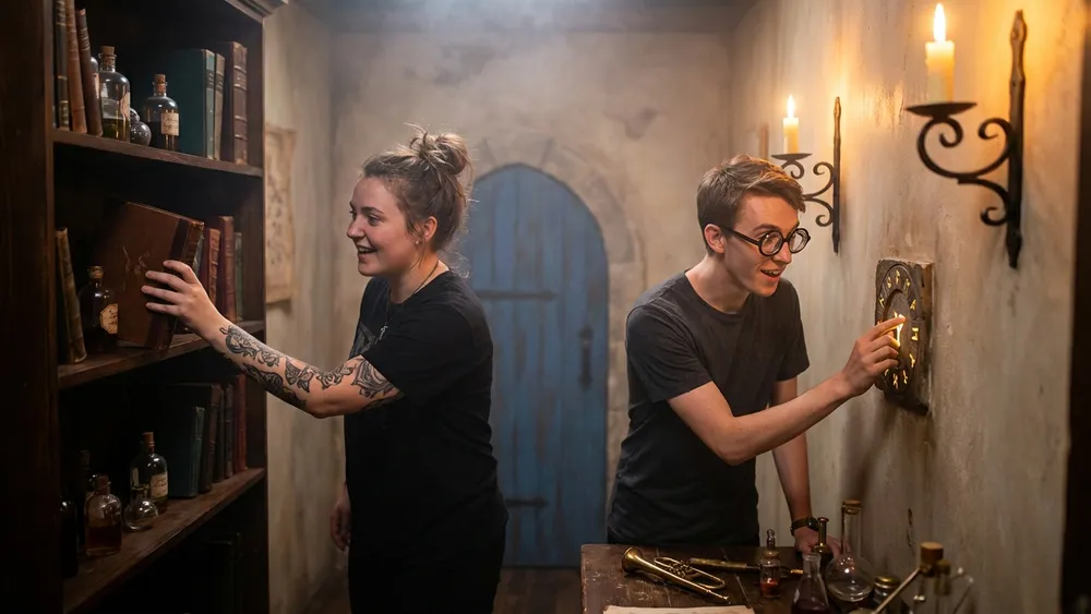 Escape Room in Köln – Zwei Personen lösen gemeinsam Rätsel in einem thematisch gestalteten Raum