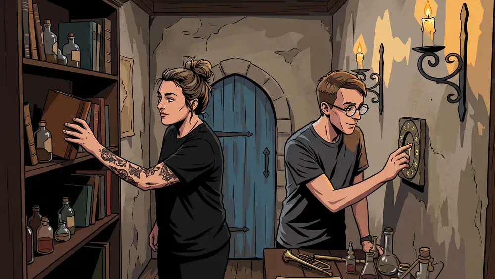 Escape Room in Köln – Zwei Personen lösen gemeinsam Rätsel in einem thematisch gestalteten Raum