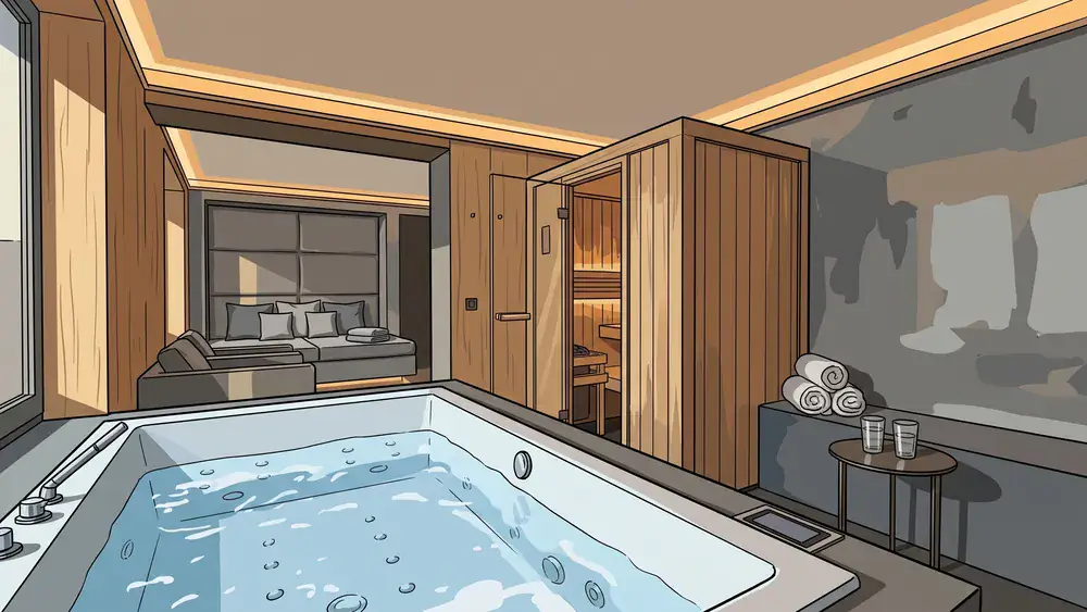 Wellnest Private Spa in Köln – Blick in eine private Wellness-Kabine mit Whirlpool und Sauna