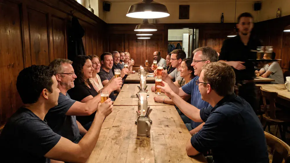 Brauhaus in Köln – Kollegen trinken Kölsch an langen Tischen in einem traditionellen Brauhaus in der Altstadt
