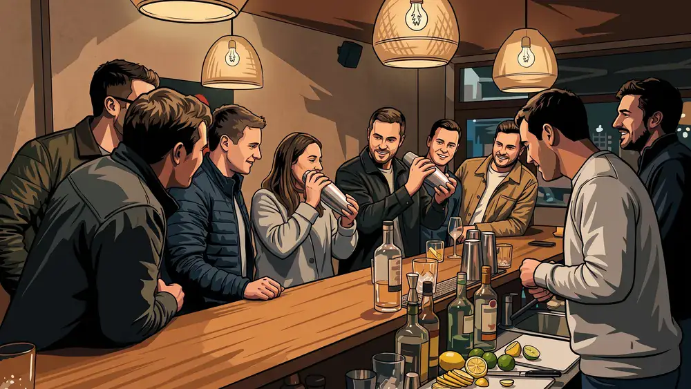 Cocktailkurs in Köln – Kollegen mixen Cocktails an einer Bar unter Anleitung in Köln