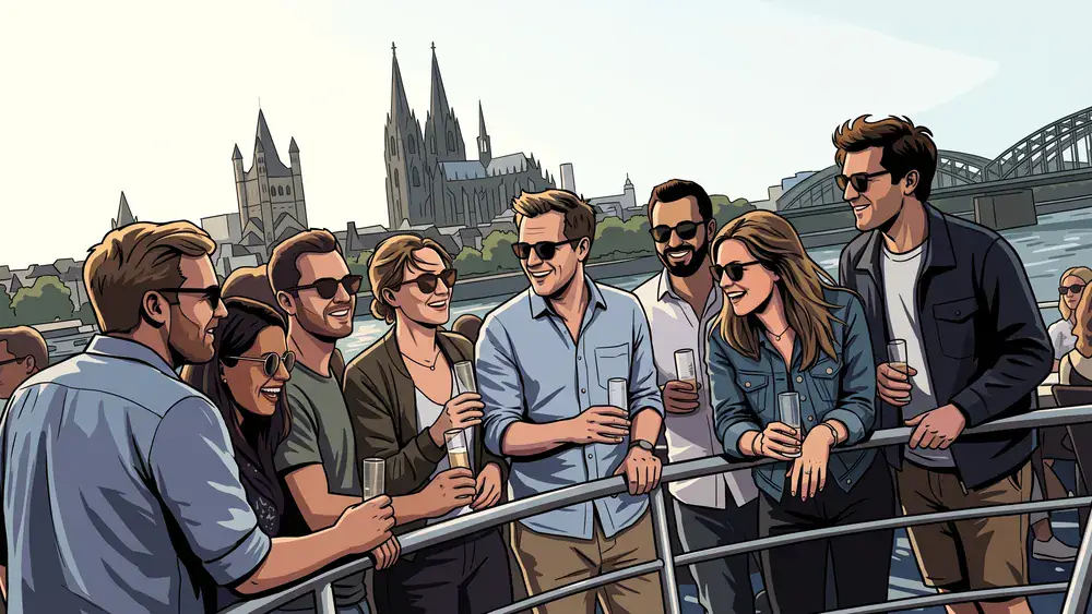 KD Panoramafahrt in Köln – Kollegen stehen an Deck eines Rheinschiffs mit Blick auf den Dom