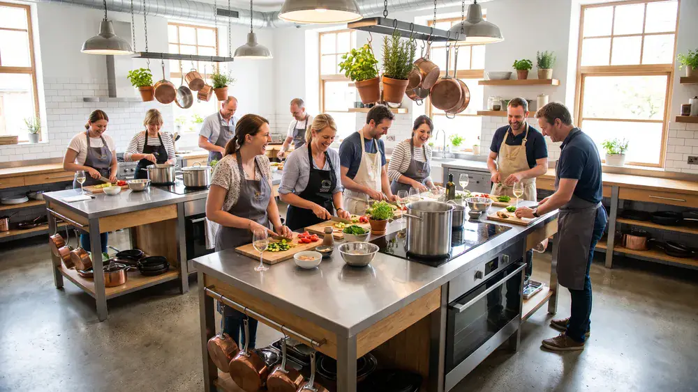 Kochkurs in Köln – Kollegen kochen gemeinsam in einer hellen Kochschule in Ehrenfeld