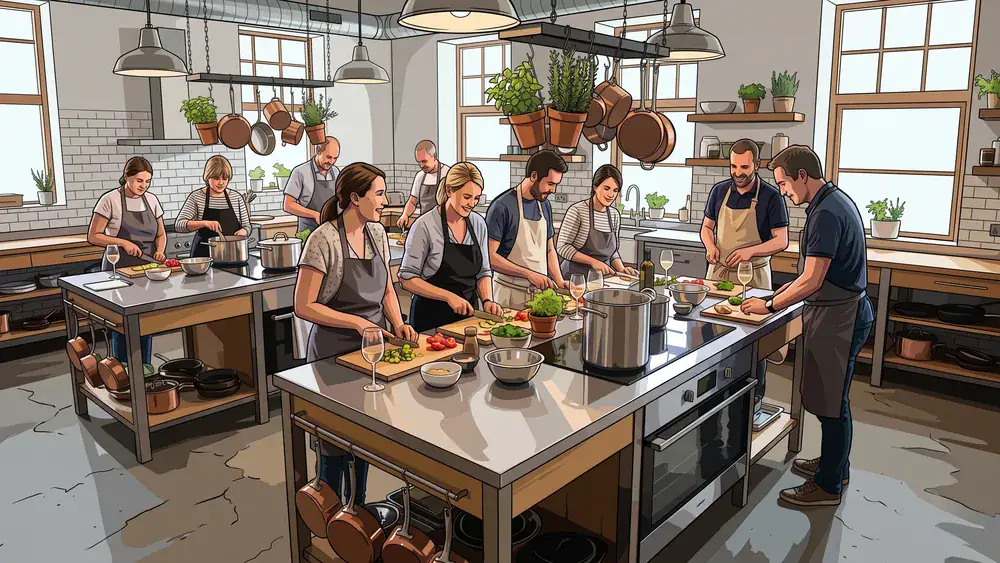 Kochkurs in Köln – Kollegen kochen gemeinsam in einer hellen Kochschule