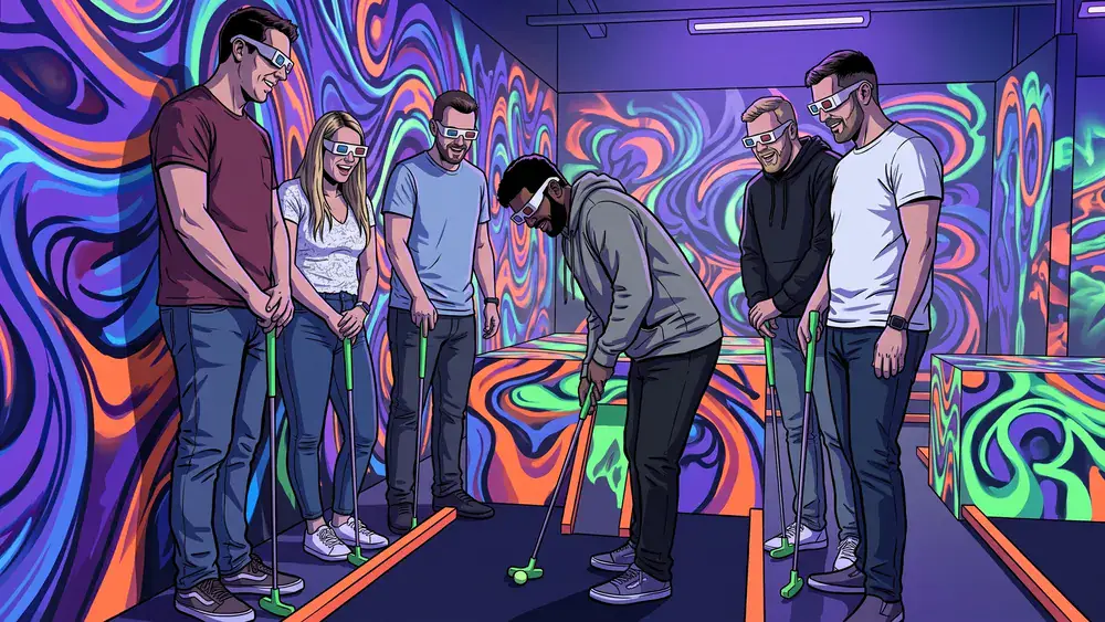 Schwarzlicht Minigolf in Köln – Kollegen spielen mit 3D-Brillen Minigolf in leuchtender Neonwelt