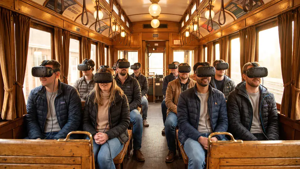 TimeRide VR in Köln – Kollegen erleben mit VR-Brillen eine Zeitreise ins alte Köln am Alter Markt