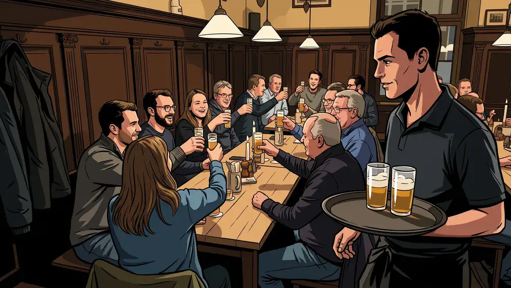 Brauhaus in Köln – Gruppe trinkt Kölsch an langen Tischen in einem traditionellen Brauhaus in Köln