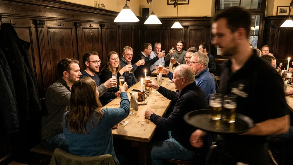 Brauhaus in Köln – Gruppe trinkt Kölsch an langen Tischen in einem traditionellen Brauhaus in der Altstadt