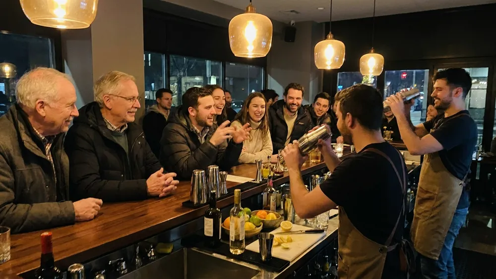 Cocktailkurs in Köln – Gruppe mixt Cocktails an einer Bar unter Anleitung im Kwartier Latäng