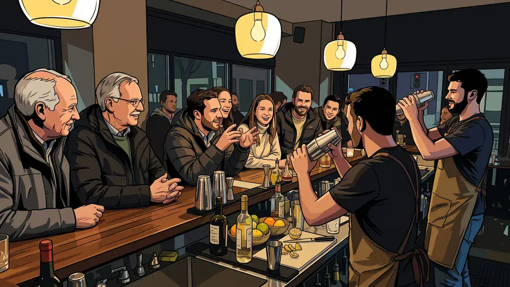 Cocktailkurs in Köln – Gruppe mixt Cocktails an einer Bar unter Anleitung in Köln