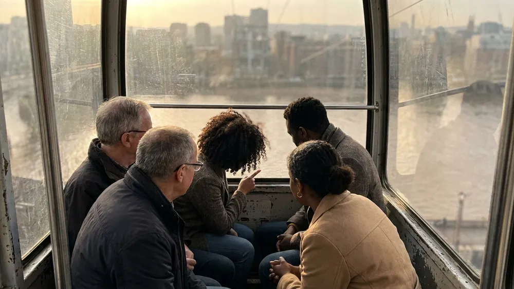 Kölner Seilbahn – Gruppe blickt aus den Gondeln auf den Rhein und die Stadt