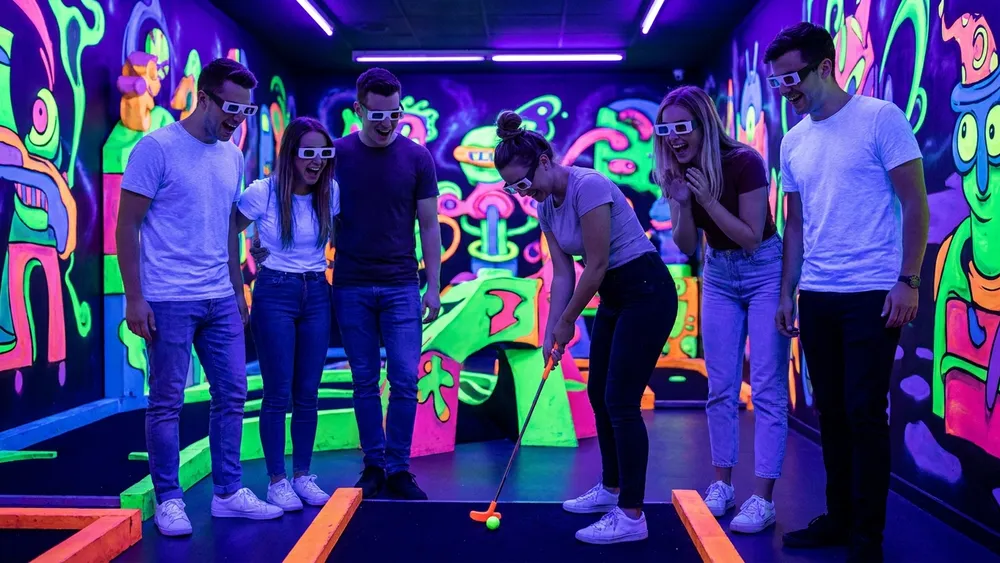 Schwarzlicht Minigolf in Köln – Gruppe spielt mit 3D-Brillen Minigolf in leuchtender Neonwelt