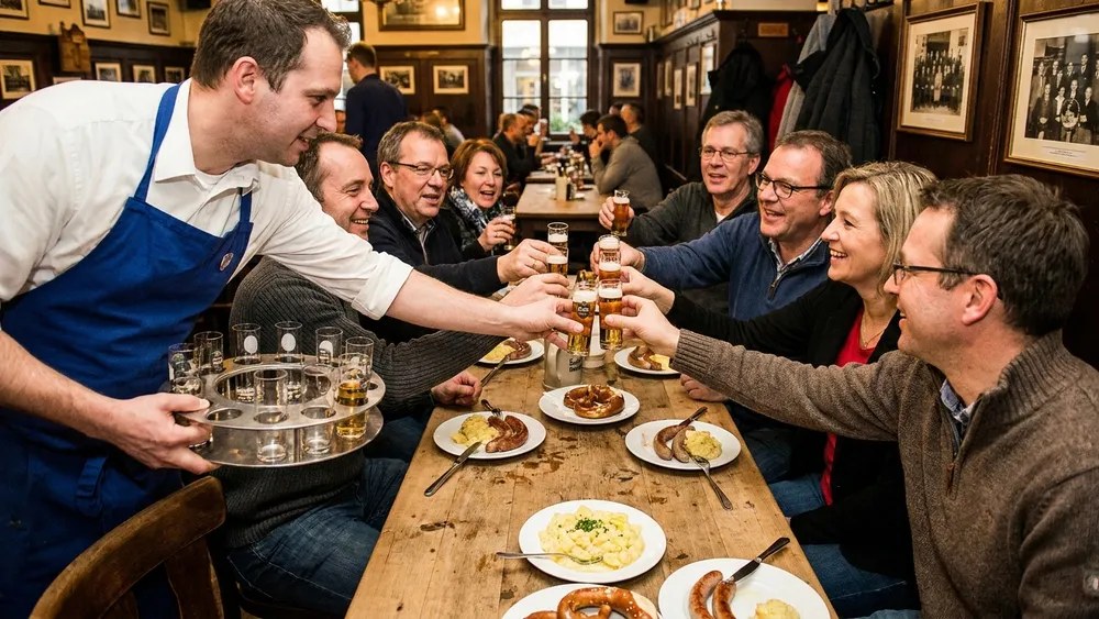 Brauhaus in Köln - Erwachsene stoßen an einem langen Holztisch mit Kölsch an