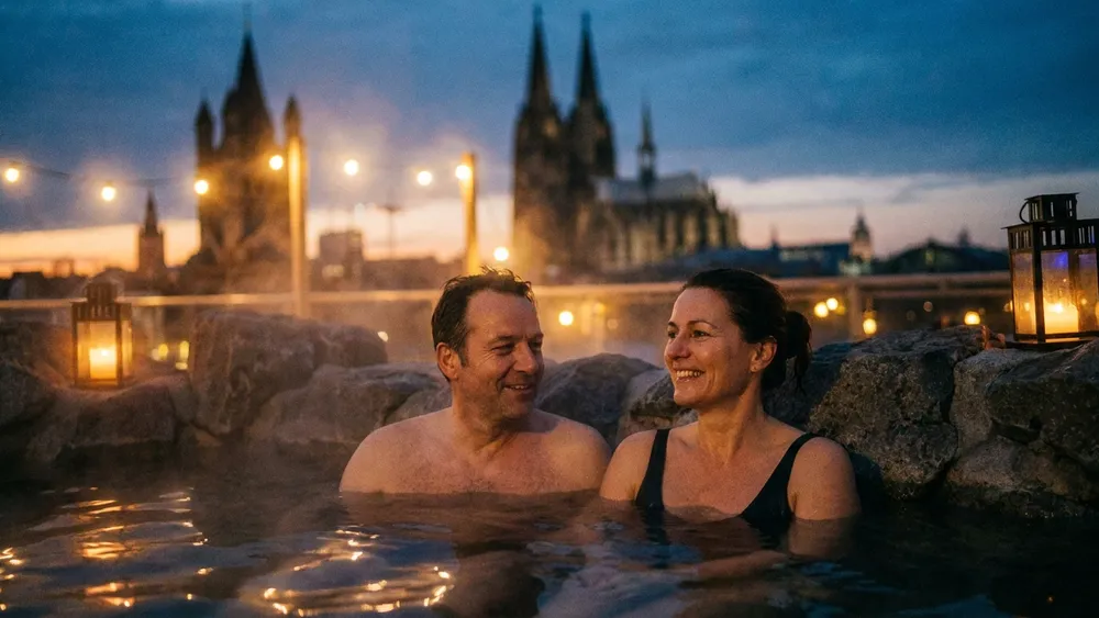 Claudius Therme in Köln - Erwachsene entspannen im warmen Thermalbecken mit Blick Richtung Stadt