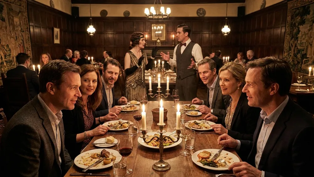 Krimidinner in Köln - Erwachsene verfolgen am gedeckten Tisch ein Schauspiel und lösen einen Mordfall