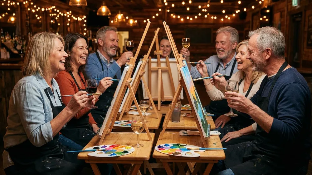 Painting Party in Köln - Erwachsene malen mit einem Glas Wein gemeinsam ein Acrylbild