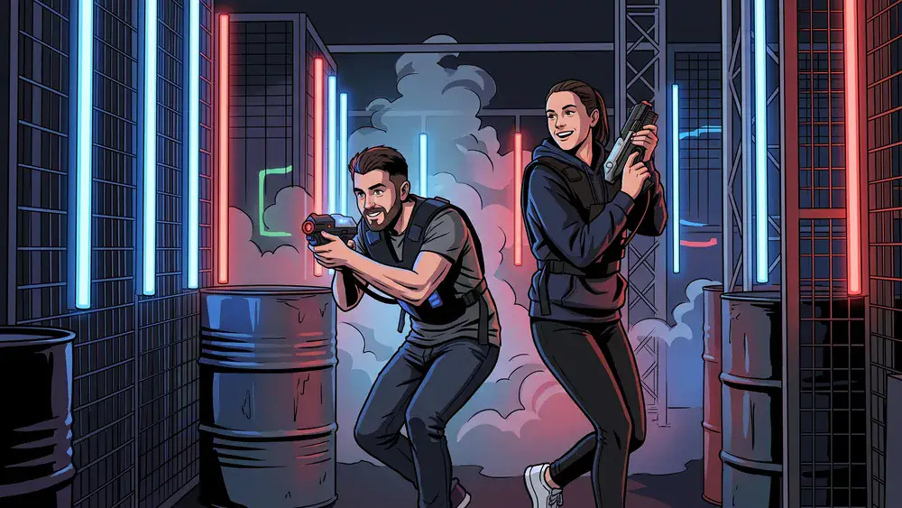 LaserZone Köln – Zwei Personen in einer dunklen Arena mit Neonlichtern und Lasertag-Equipment