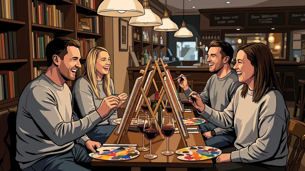 Painting Party in Köln – Gruppe malt an Staffeleien mit Wein in gemütlicher Atmosphäre