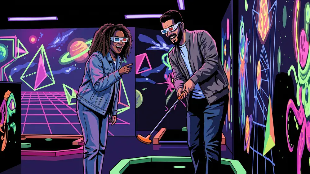 Schwarzlicht Minigolf in Köln – Zwei Personen spielen Minigolf in leuchtender 3D-Neonwelt