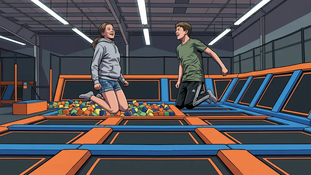 JUMP House Köln – Zwei Personen springen auf Trampolinen in einem bunten Indoor-Park