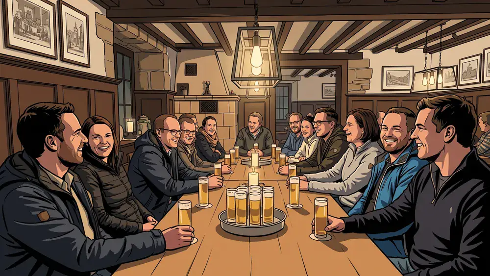 Brauhaus in Köln – Team trinkt Kölsch an langen Tischen in einem traditionellen Brauhaus in Köln
