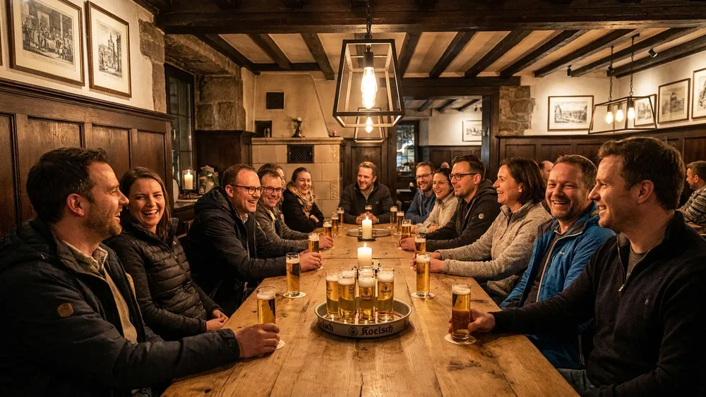 Brauhaus in Köln – Team trinkt Kölsch an langen Tischen in einem traditionellen Brauhaus in der Altstadt