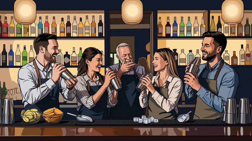 Cocktailkurs in Köln – Team mixt Cocktails an einer Bar unter Anleitung in Köln