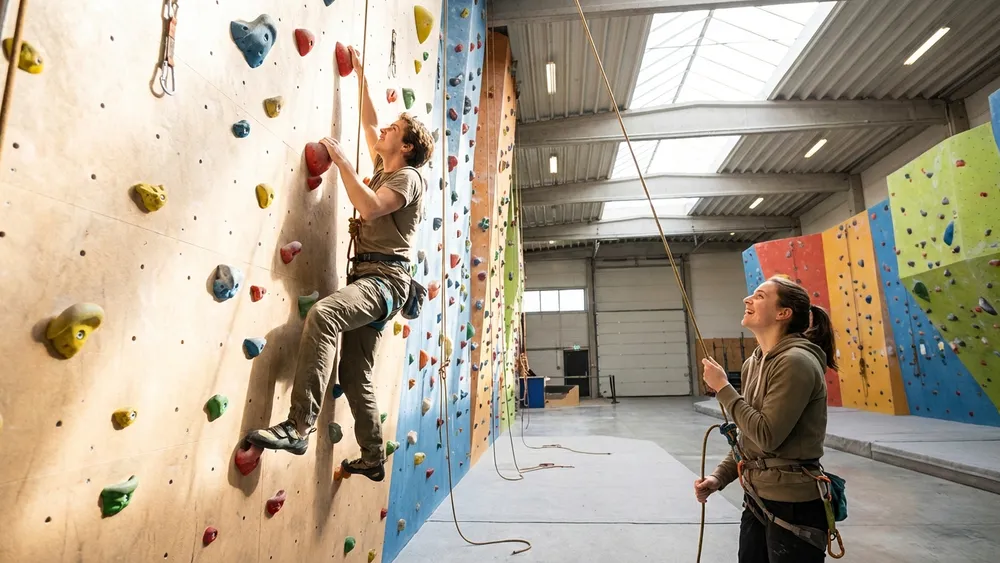 Kletterfabrik in Köln – Team klettert in einer großen Halle mit bunten Klettergriffen in Ehrenfeld