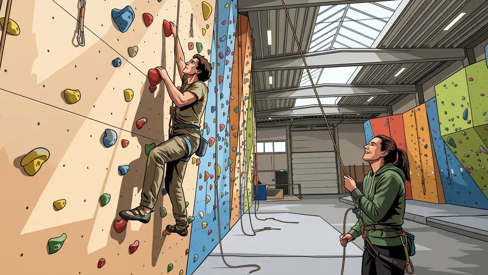 Kletterfabrik in Köln – Team klettert in einer großen Halle mit bunten Klettergriffen