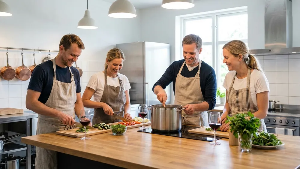 Kochkurs in Köln – Team kocht gemeinsam in einer hellen Kochschule in Ehrenfeld