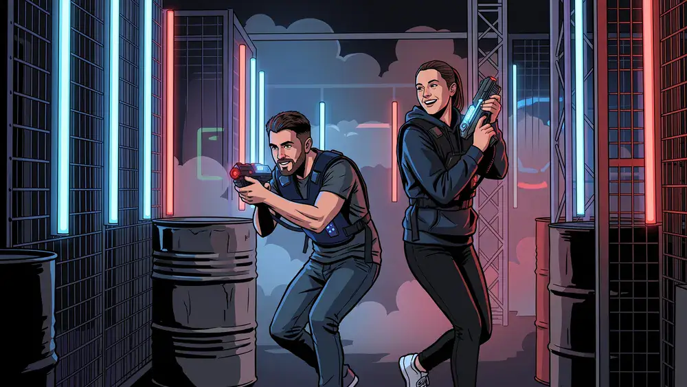 Lasertag in Köln – Team mit Sensorwesten spielt in einer dunklen Neon-Arena