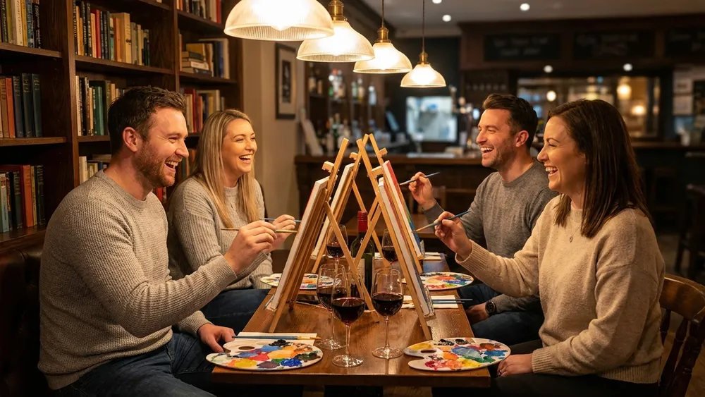 Painting Party in Köln – Team malt an Staffeleien mit Wein in gemütlicher Bar-Atmosphäre