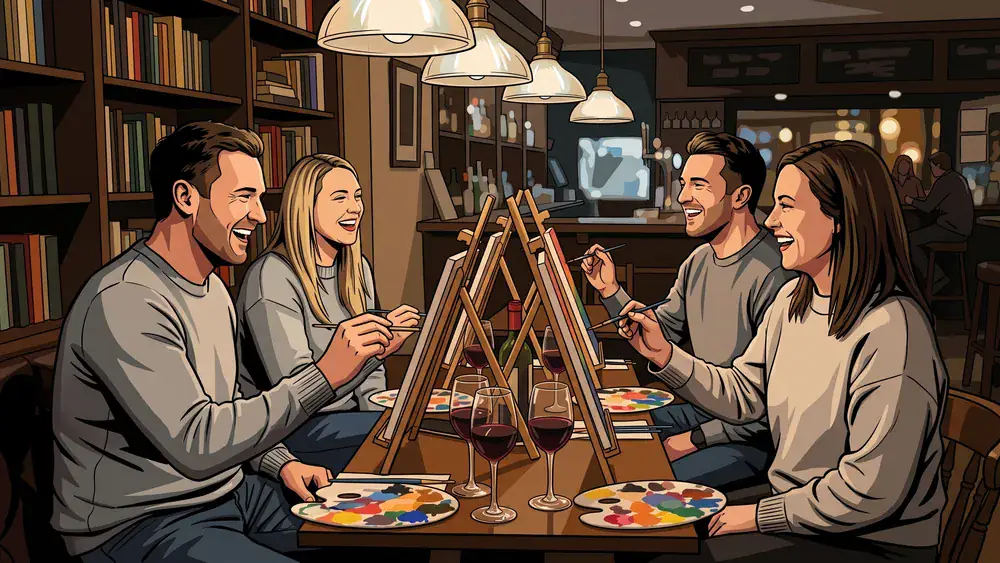Painting Party in Köln – Team malt an Staffeleien mit Wein in gemütlicher Bar-Atmosphäre