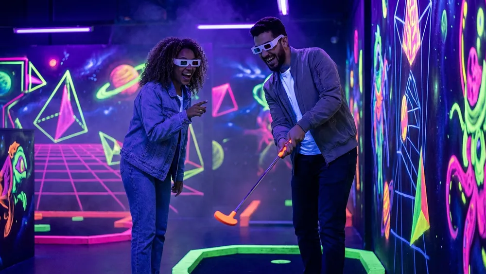 Schwarzlicht Minigolf in Köln – Team spielt mit 3D-Brillen Minigolf in leuchtender Neonwelt